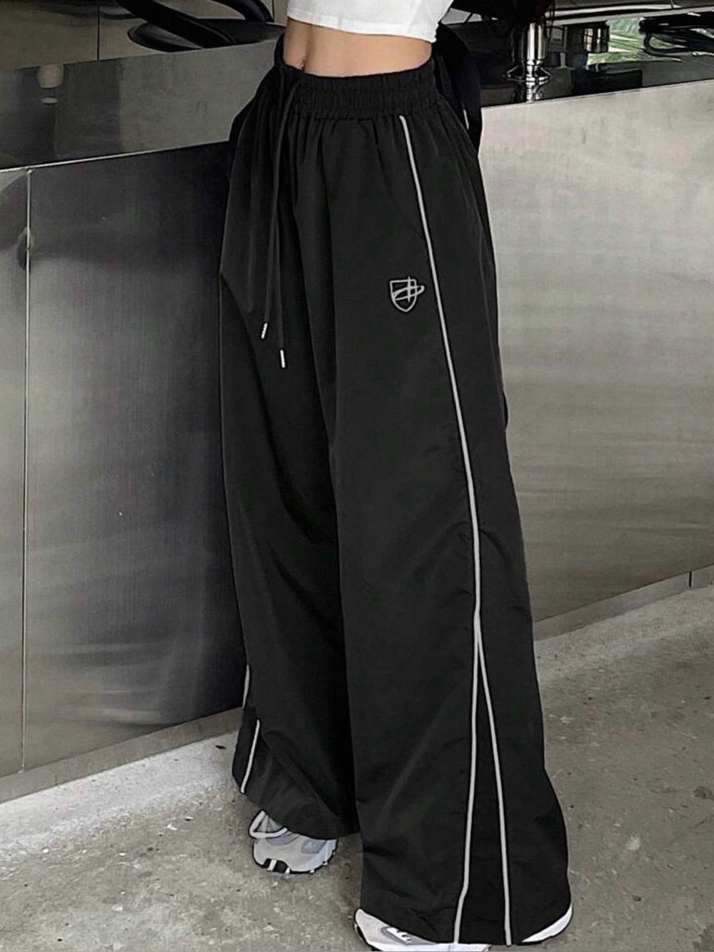 Wide-Leg Black Track Pants with Reflective Piping